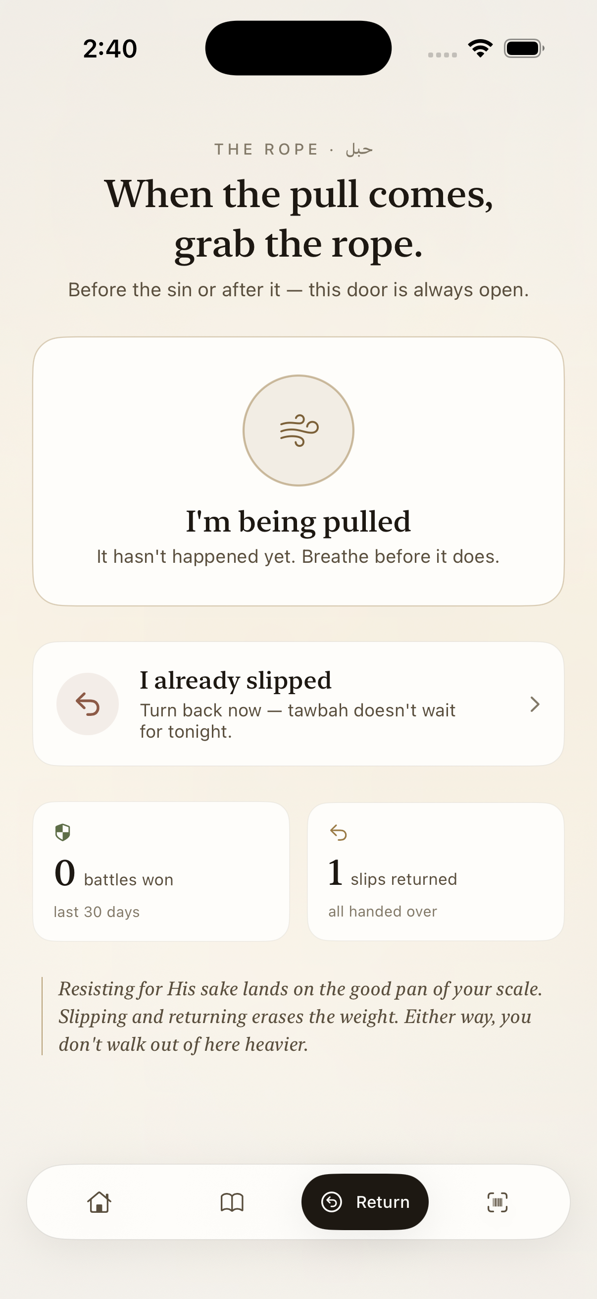 Mizan's Return tab: 'When the pull comes, grab the rope' — with 'I'm being pulled' and 'I already slipped' paths, and counters for battles won and slips returned