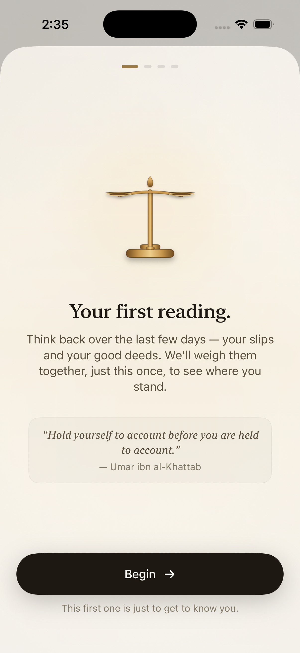 Mizan's first reading: a golden balance scale above the invitation to weigh your recent days